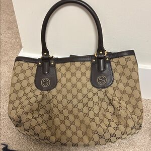 Gucci Beige GG Canvas Tote with Dark Brown Leather Handles